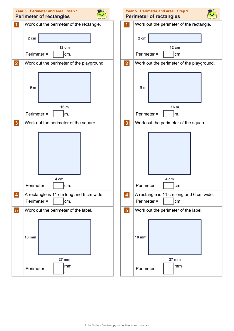 First page of the not scaffolded Perimeter of rectangles sheet, printed twice side by side