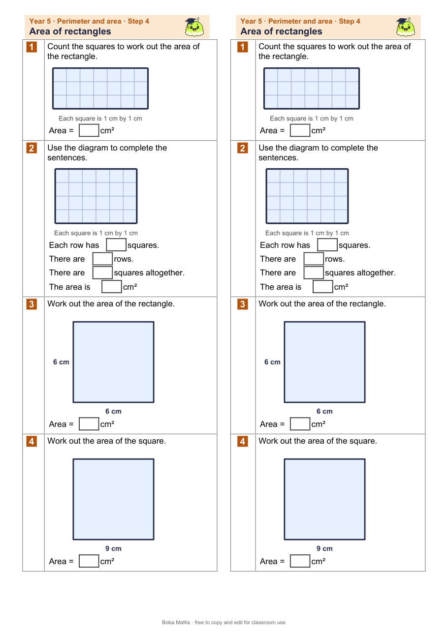 First page of the not scaffolded Area of rectangles sheet, printed twice side by side