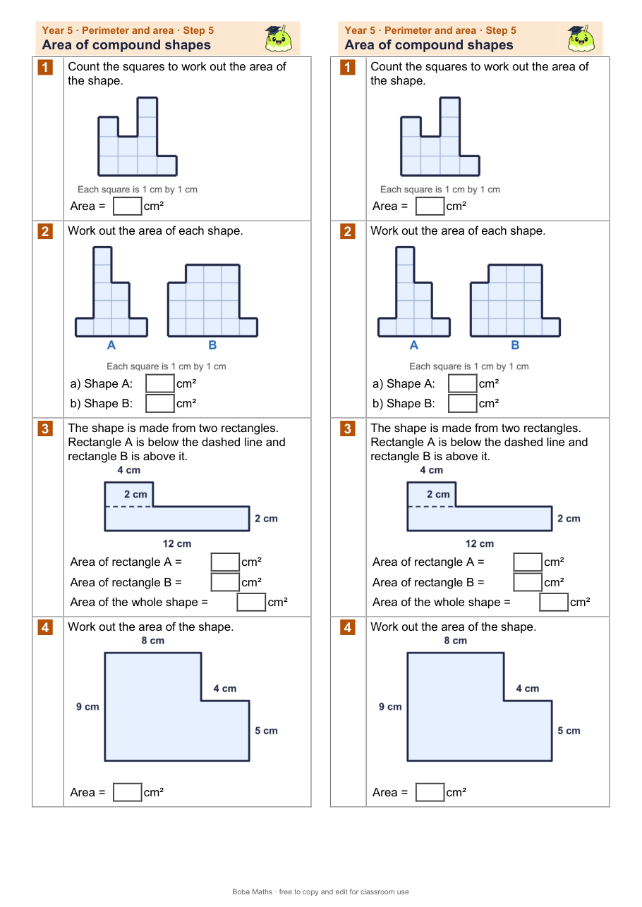 First page of the not scaffolded Area of compound shapes sheet, printed twice side by side