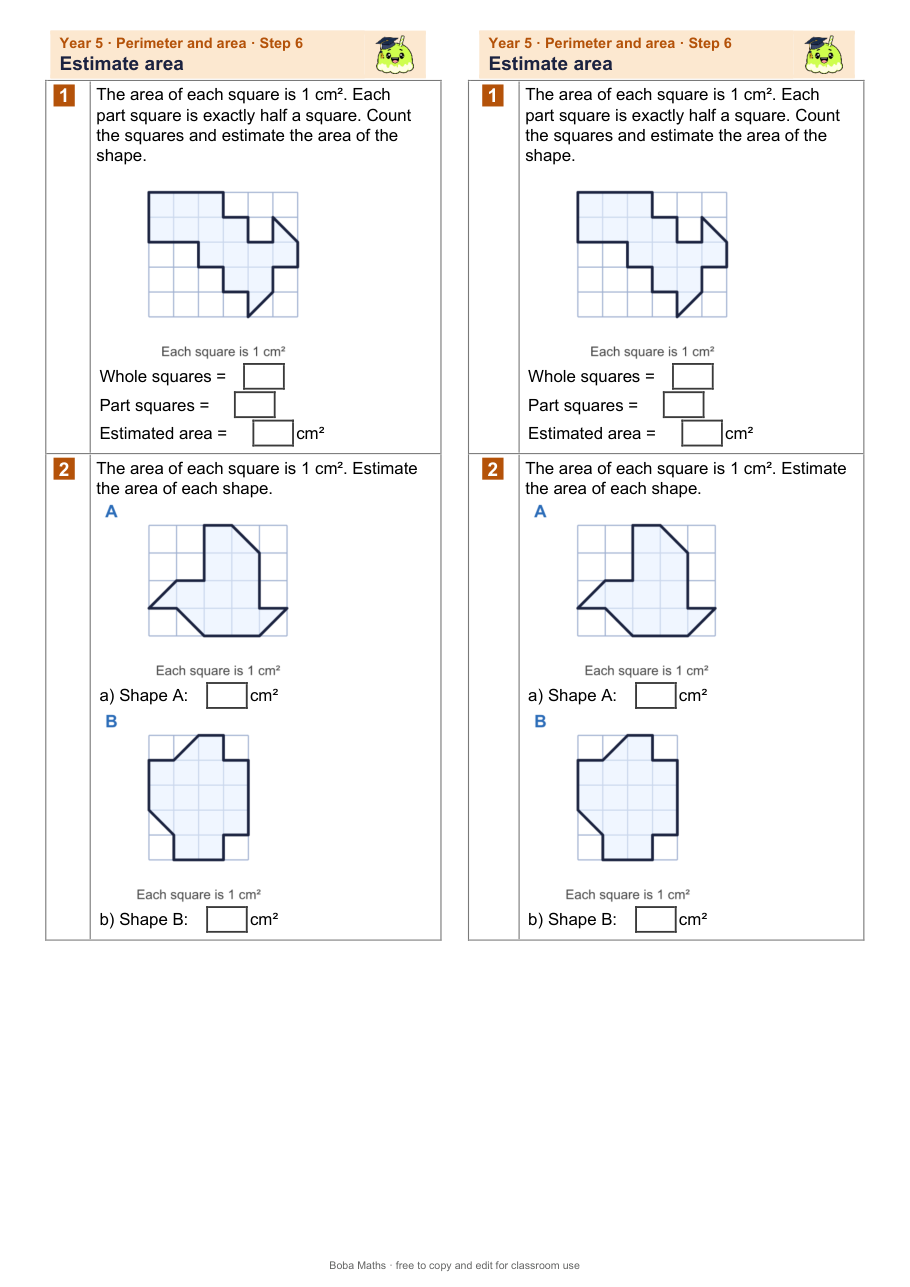First page of the not scaffolded Estimate area sheet, printed twice side by side