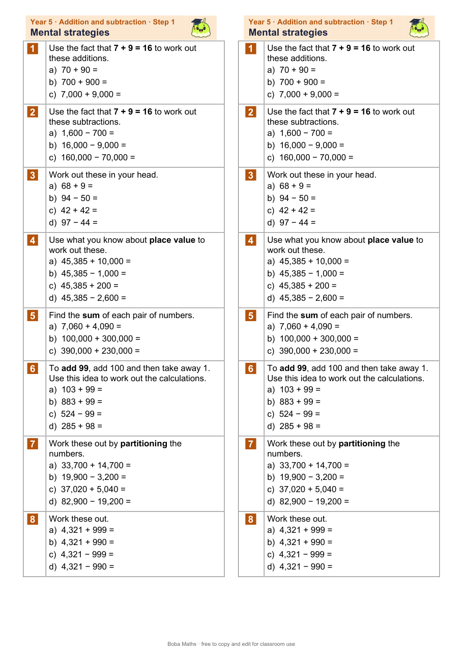 First page of the not scaffolded Mental strategies sheet, printed twice side by side