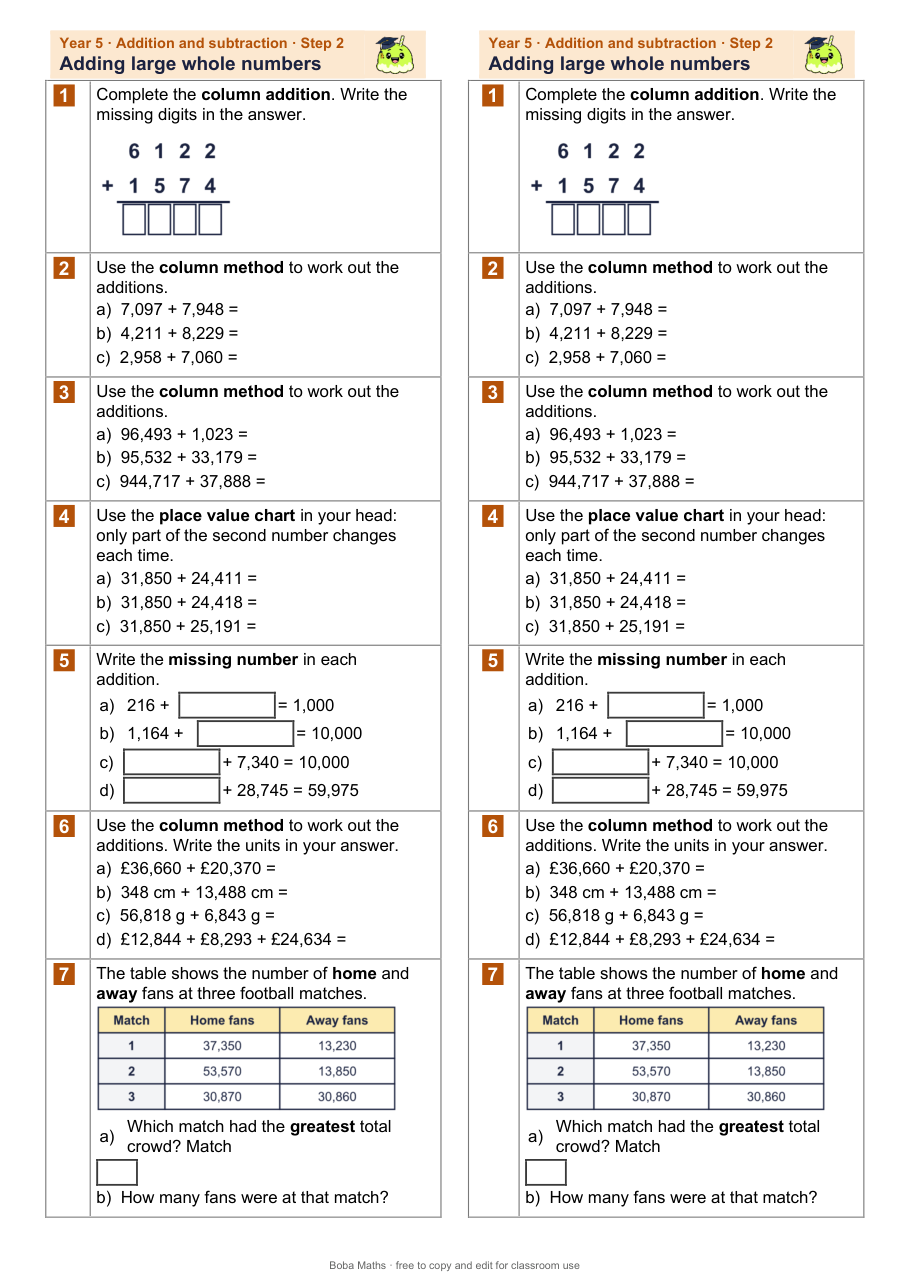 First page of the not scaffolded Adding large whole numbers sheet, printed twice side by side