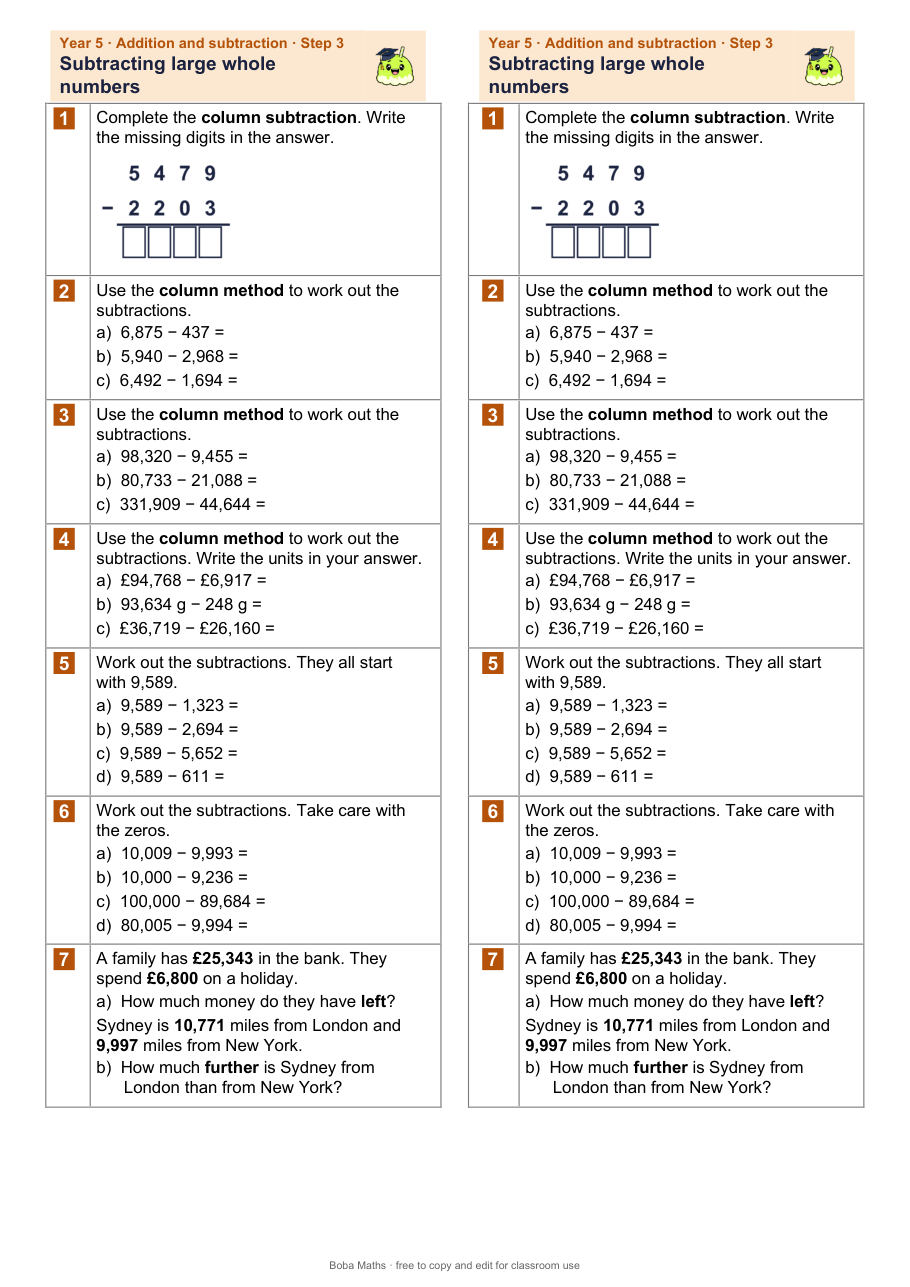 First page of the not scaffolded Subtracting large whole numbers sheet, printed twice side by side