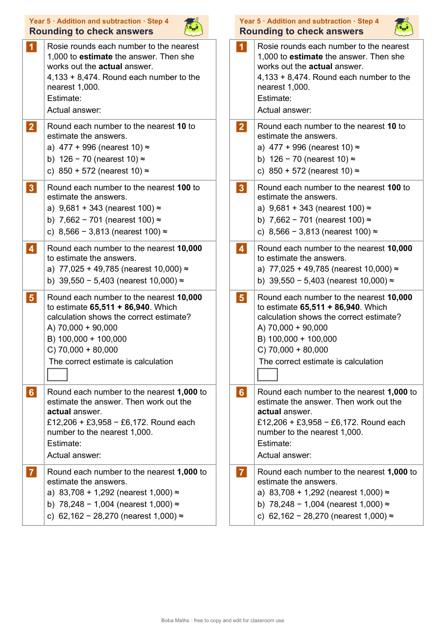 First page of the not scaffolded Rounding to check answers sheet, printed twice side by side