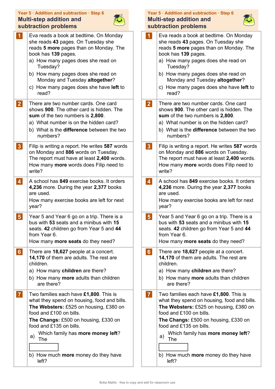 First page of the not scaffolded Multi-step addition and subtraction problems sheet, printed twice side by side