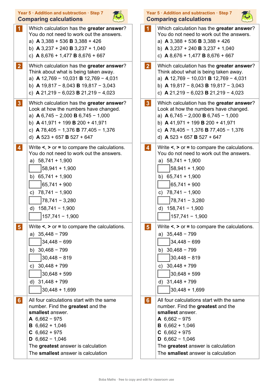 First page of the not scaffolded Comparing calculations sheet, printed twice side by side
