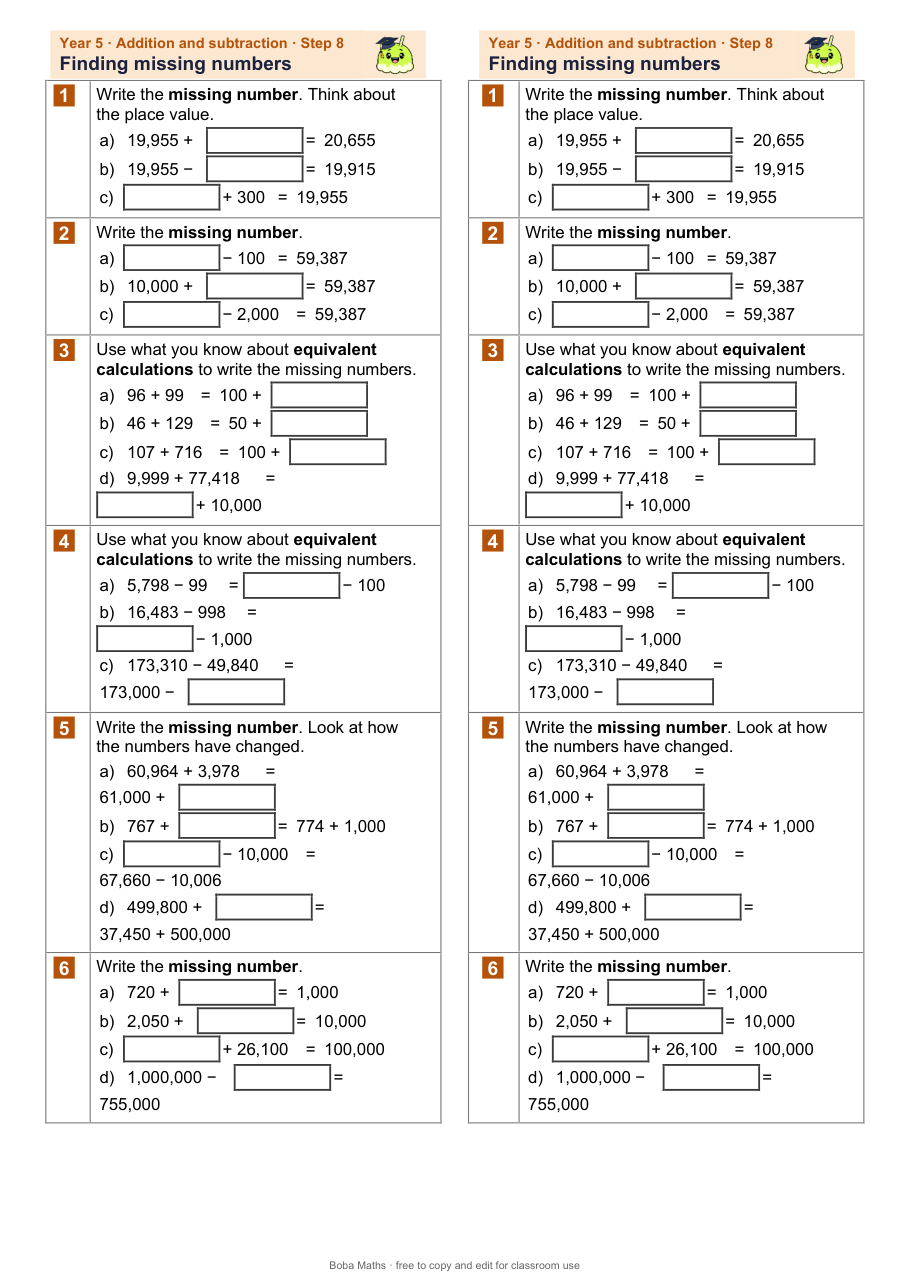 First page of the not scaffolded Finding missing numbers sheet, printed twice side by side