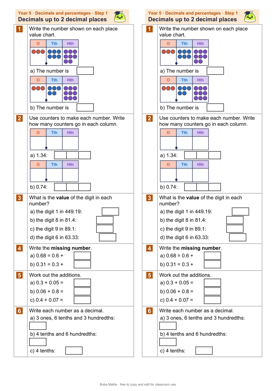 First page of the not scaffolded Decimals up to 2 decimal places sheet, printed twice side by side