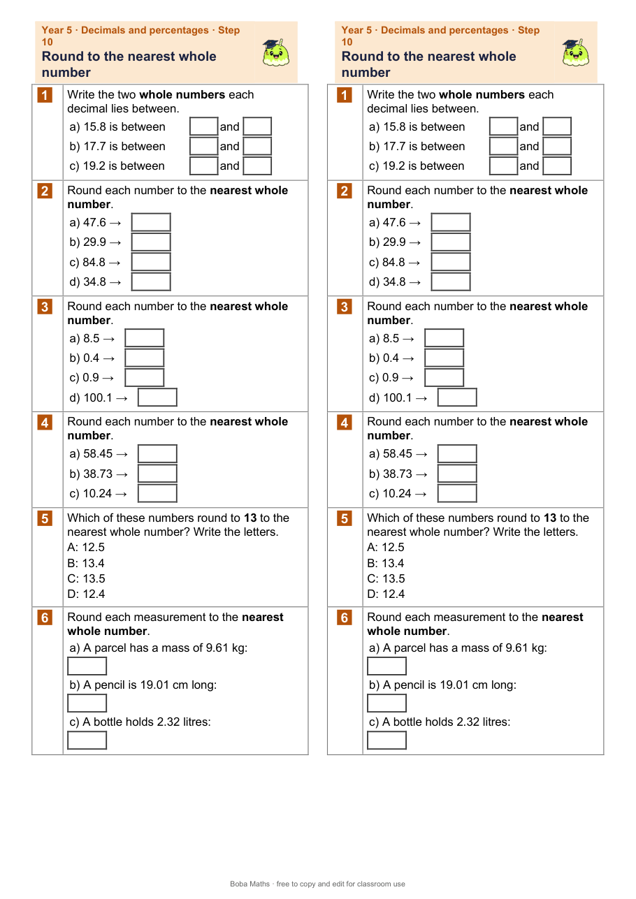 First page of the not scaffolded Round to the nearest whole number sheet, printed twice side by side