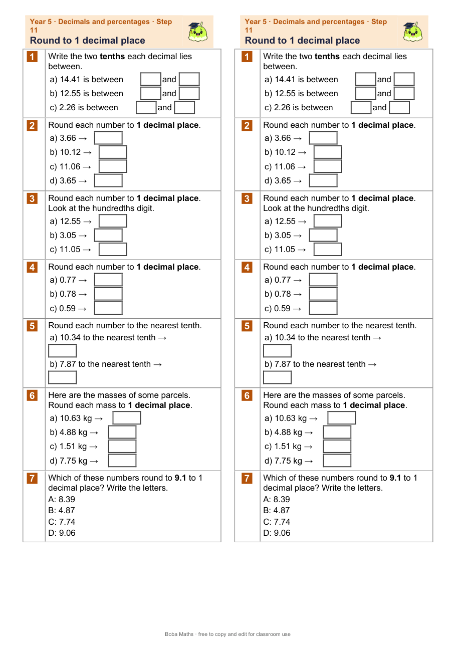 First page of the not scaffolded Round to 1 decimal place sheet, printed twice side by side