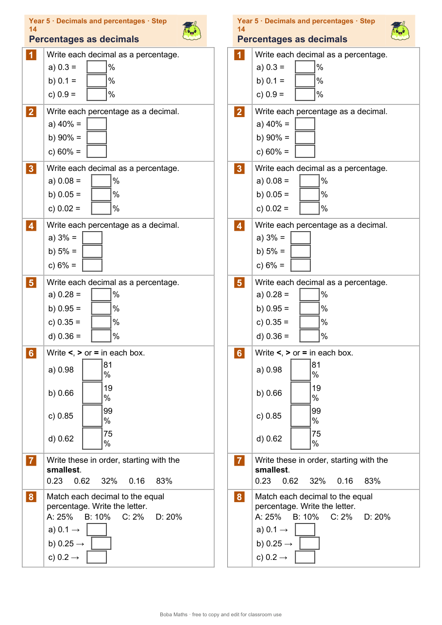 First page of the not scaffolded Percentages as decimals sheet, printed twice side by side