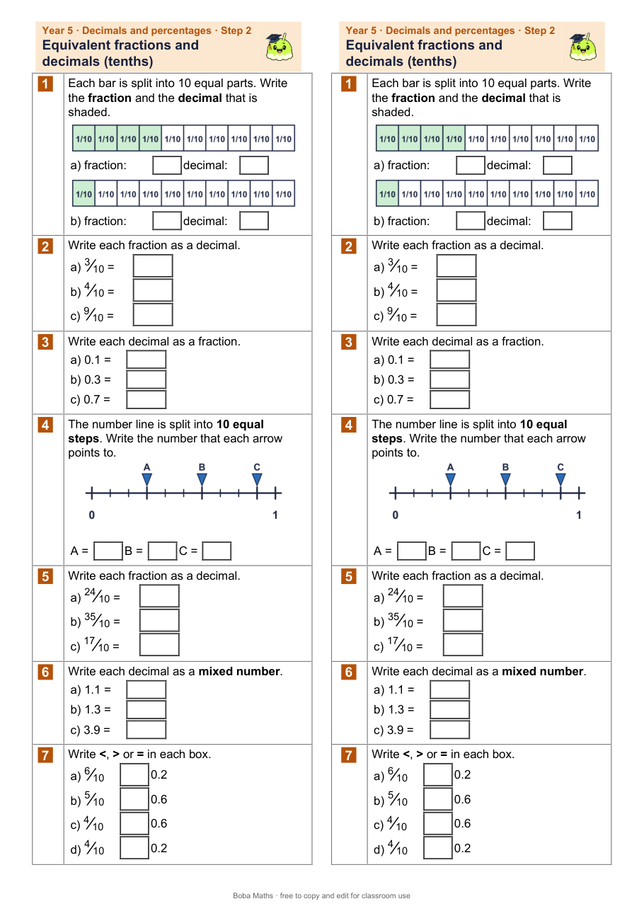 First page of the not scaffolded Equivalent fractions and decimals (tenths) sheet, printed twice side by side