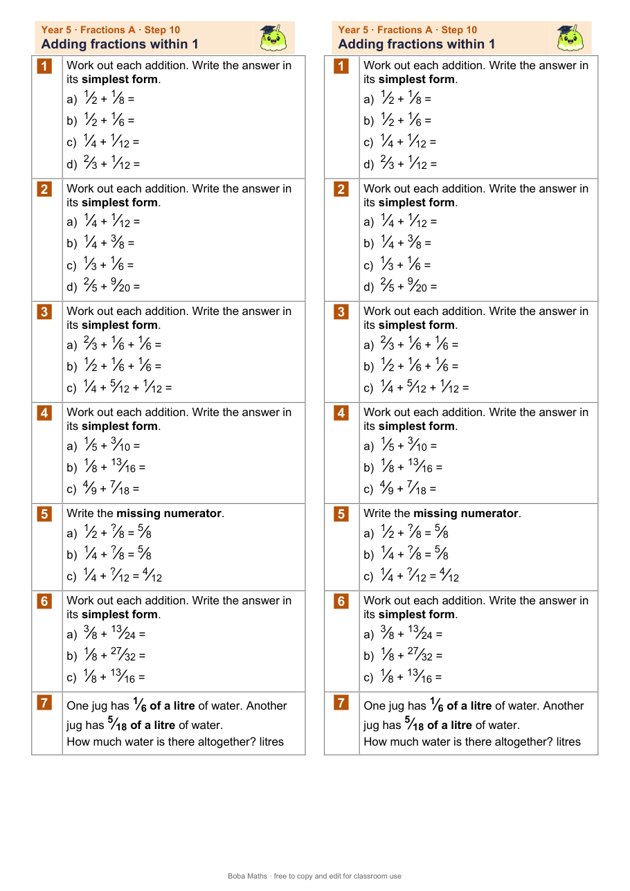 First page of the not scaffolded Adding fractions within 1 sheet, printed twice side by side