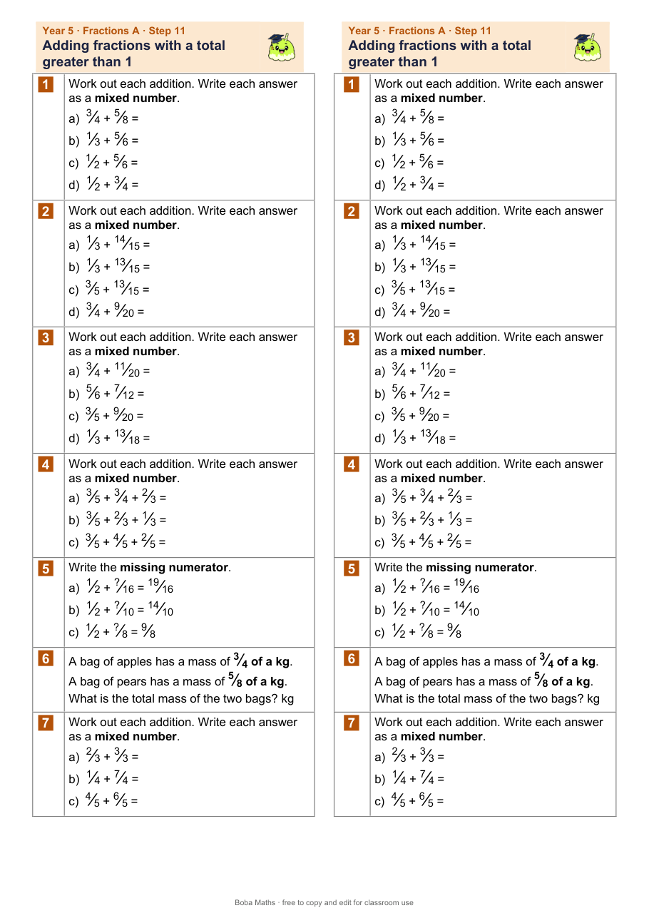 First page of the not scaffolded Adding fractions with a total greater than 1 sheet, printed twice side by side