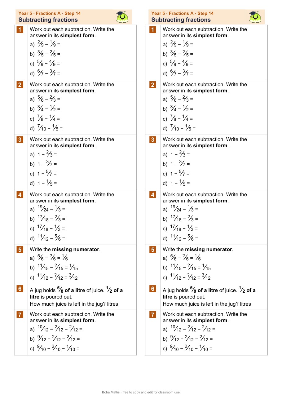 First page of the not scaffolded Subtracting fractions sheet, printed twice side by side