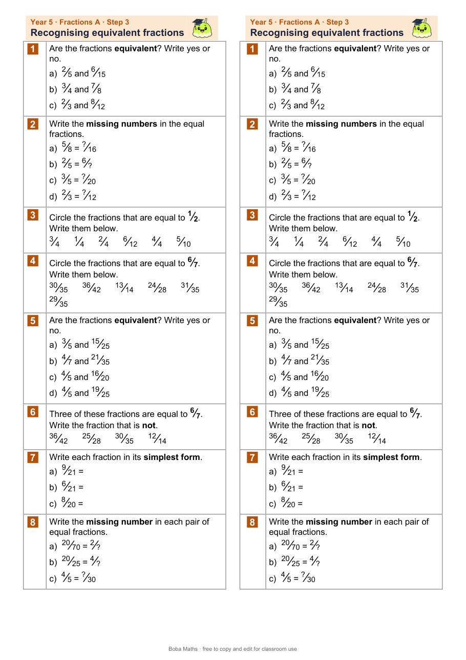 First page of the not scaffolded Recognising equivalent fractions sheet, printed twice side by side