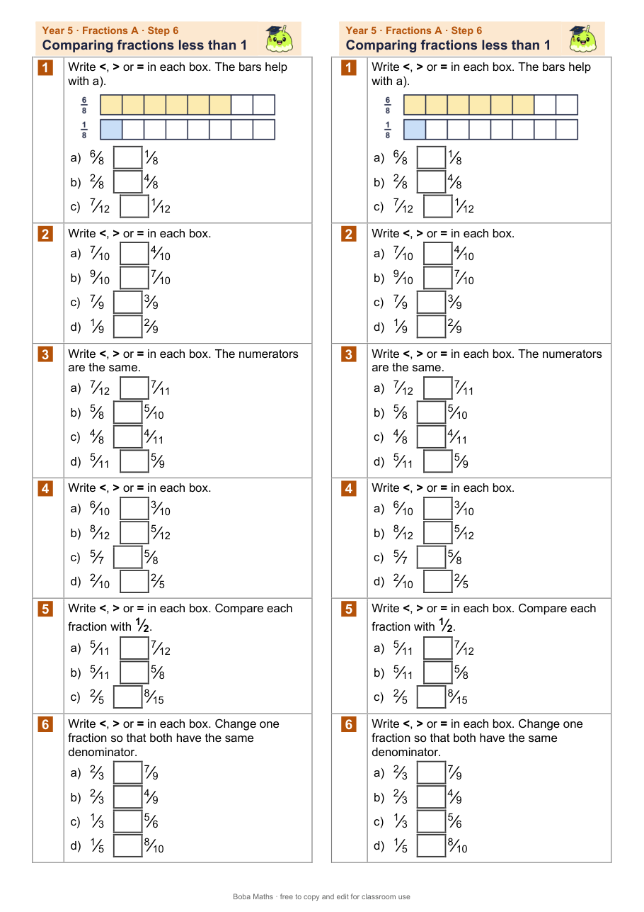 First page of the not scaffolded Comparing fractions less than 1 sheet, printed twice side by side