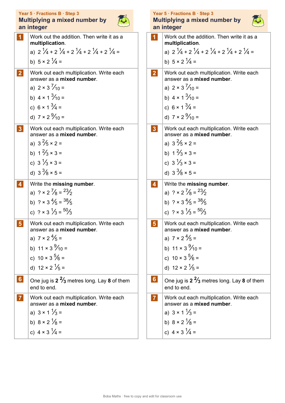 First page of the not scaffolded Multiplying a mixed number by an integer sheet, printed twice side by side