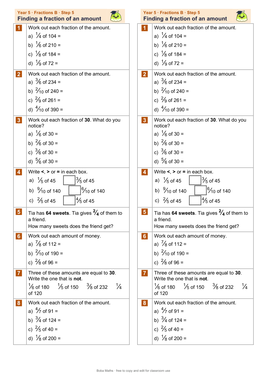 First page of the not scaffolded Finding a fraction of an amount sheet, printed twice side by side
