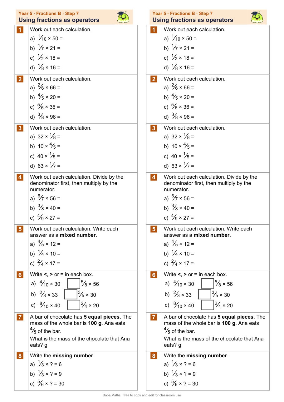 First page of the not scaffolded Using fractions as operators sheet, printed twice side by side