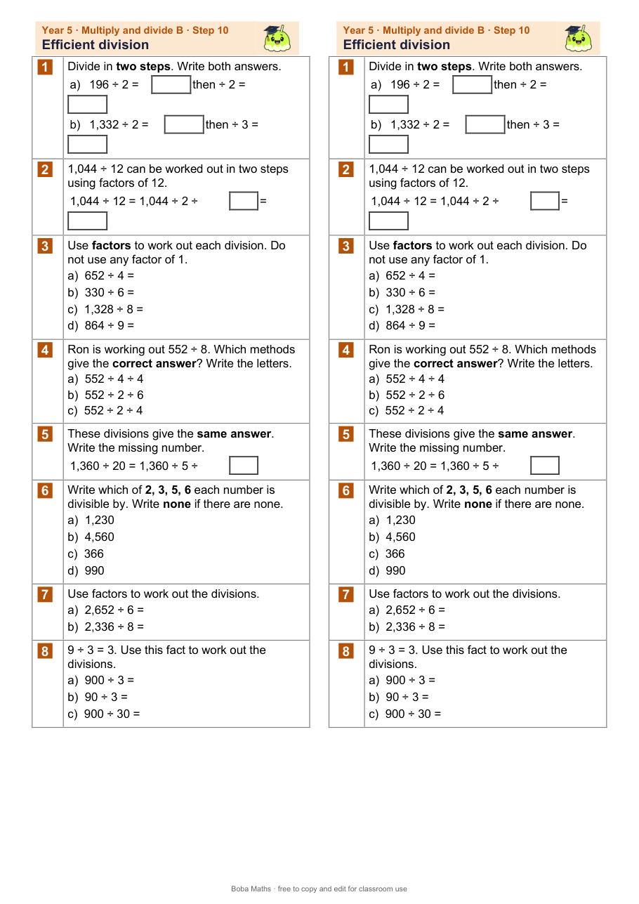 First page of the not scaffolded Efficient division sheet, printed twice side by side