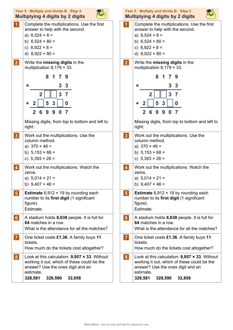 First page of the not scaffolded Multiplying 4 digits by 2 digits sheet, printed twice side by side