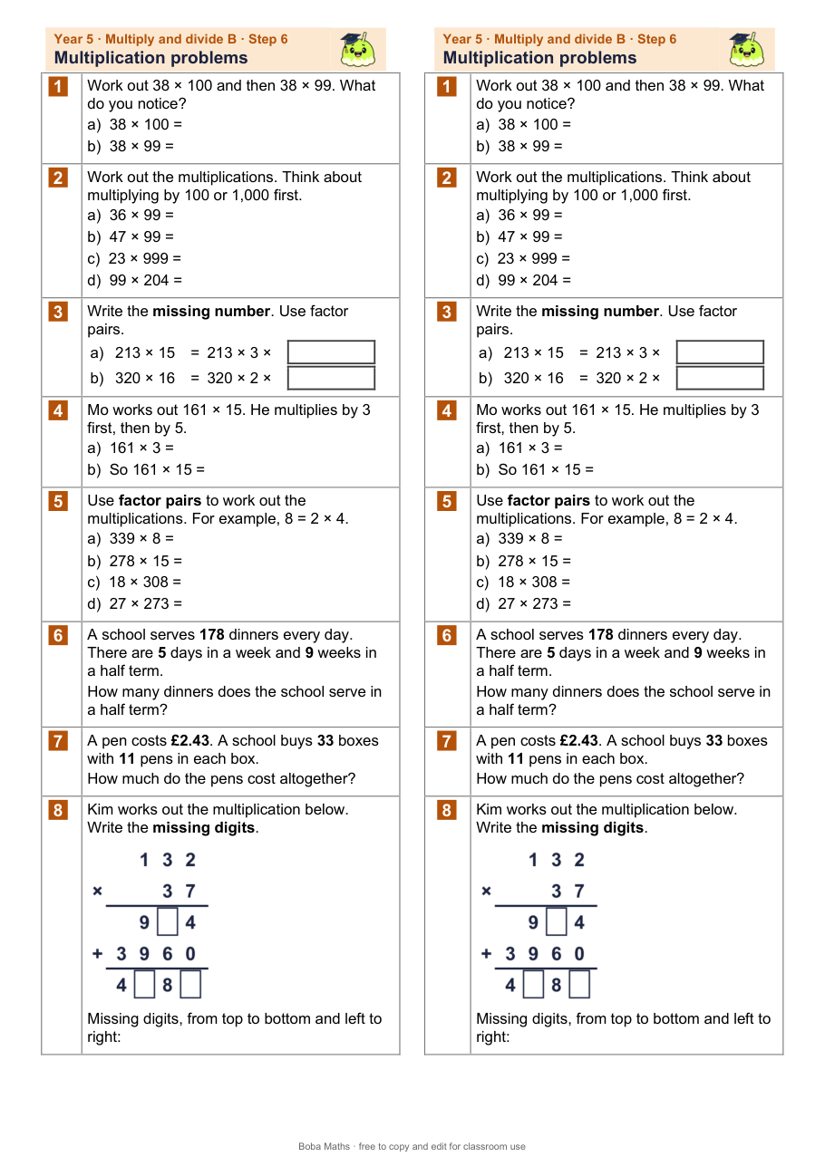 First page of the not scaffolded Multiplication problems sheet, printed twice side by side