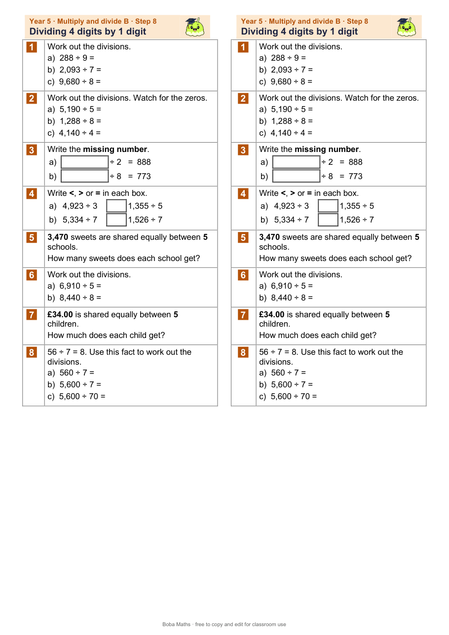 First page of the not scaffolded Dividing 4 digits by 1 digit sheet, printed twice side by side
