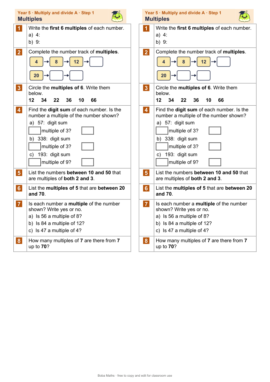 First page of the not scaffolded Multiples sheet, printed twice side by side
