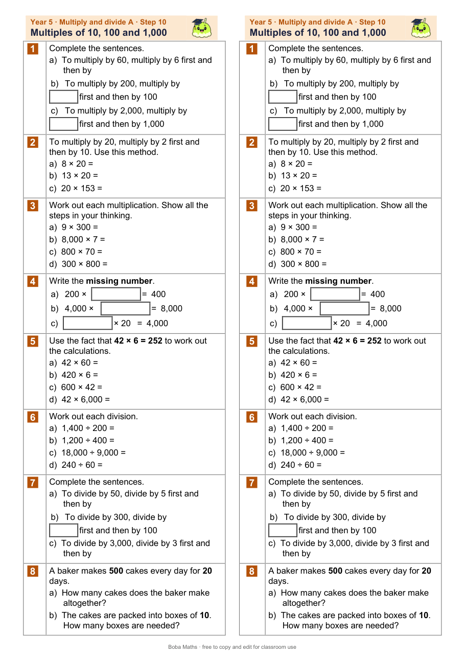 First page of the not scaffolded Multiples of 10, 100 and 1,000 sheet, printed twice side by side