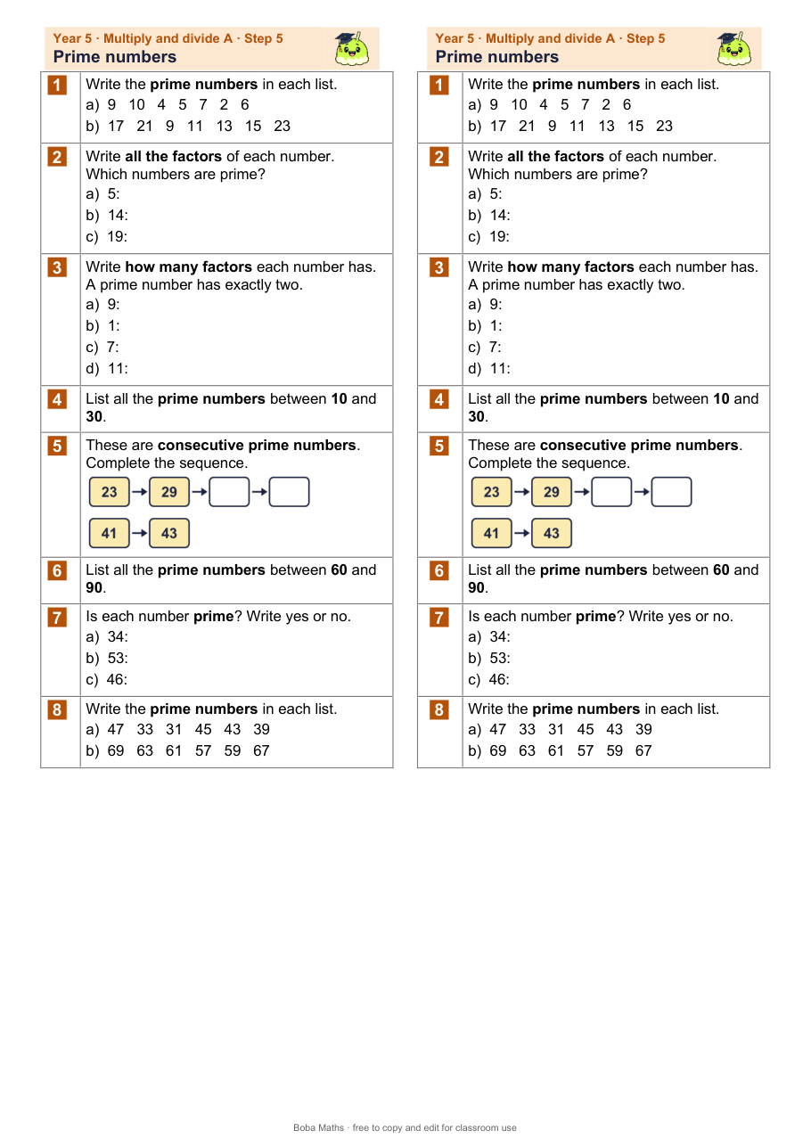 First page of the not scaffolded Prime numbers sheet, printed twice side by side