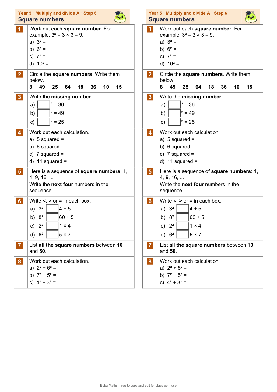 First page of the not scaffolded Square numbers sheet, printed twice side by side