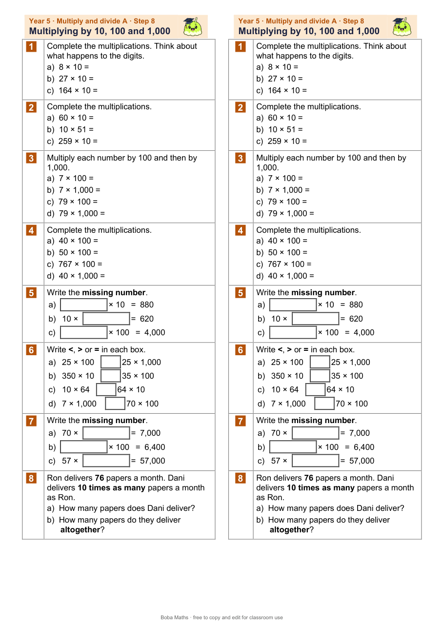 First page of the not scaffolded Multiplying by 10, 100 and 1,000 sheet, printed twice side by side
