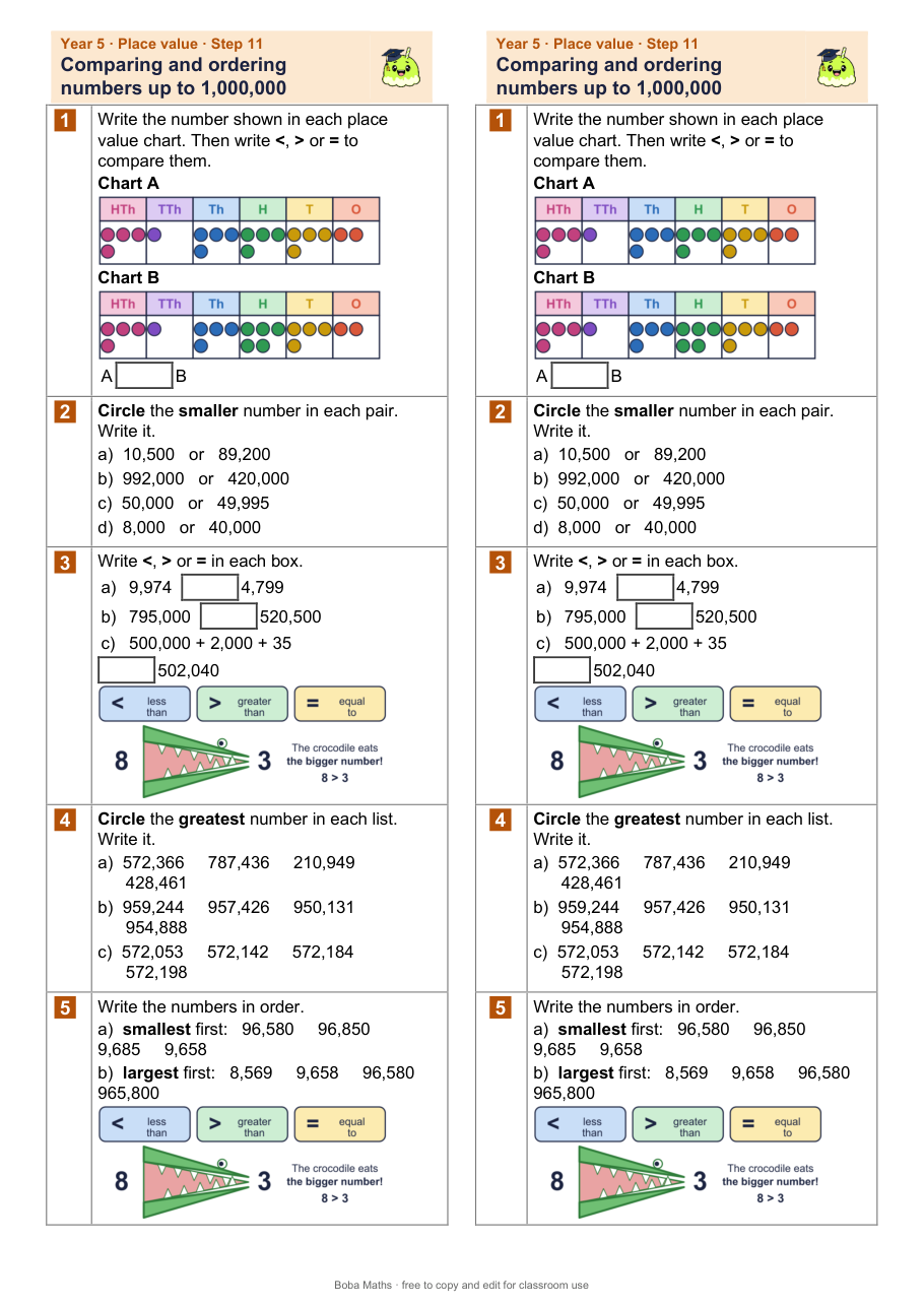 First page of the not scaffolded Comparing and ordering numbers up to 1,000,000 sheet, printed twice side by side