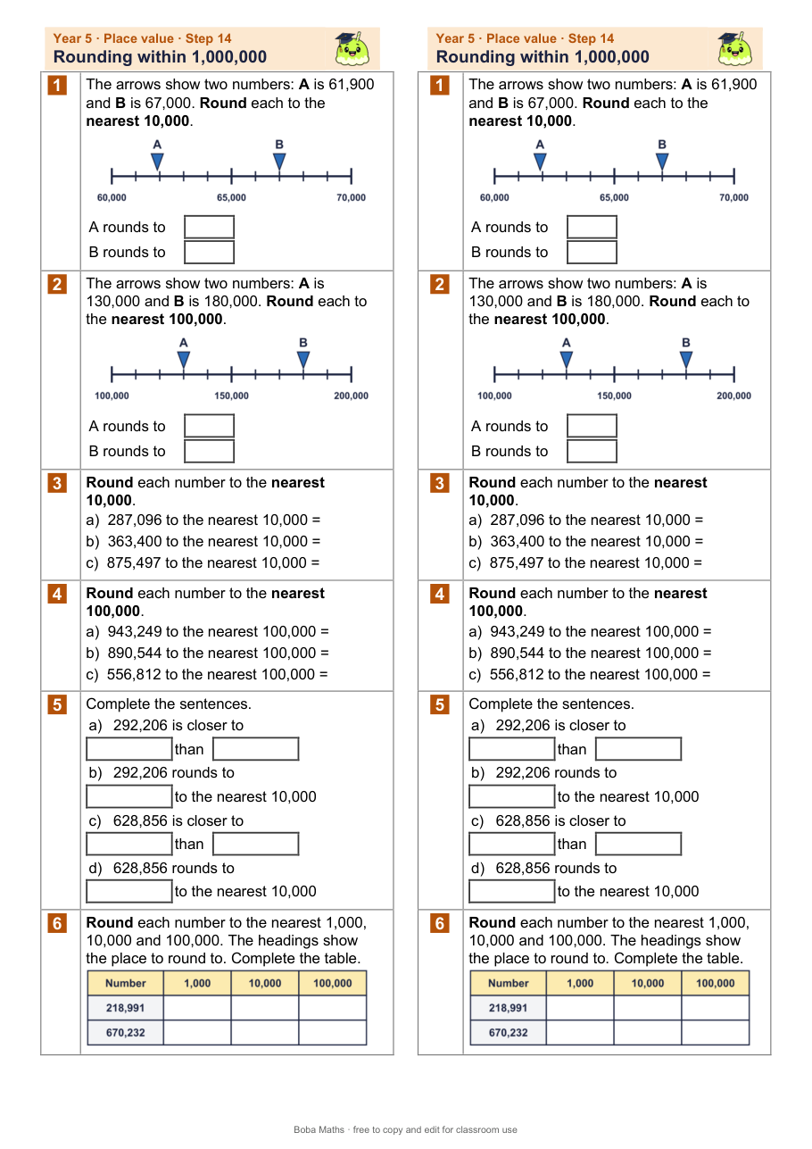 First page of the not scaffolded Rounding within 1,000,000 sheet, printed twice side by side