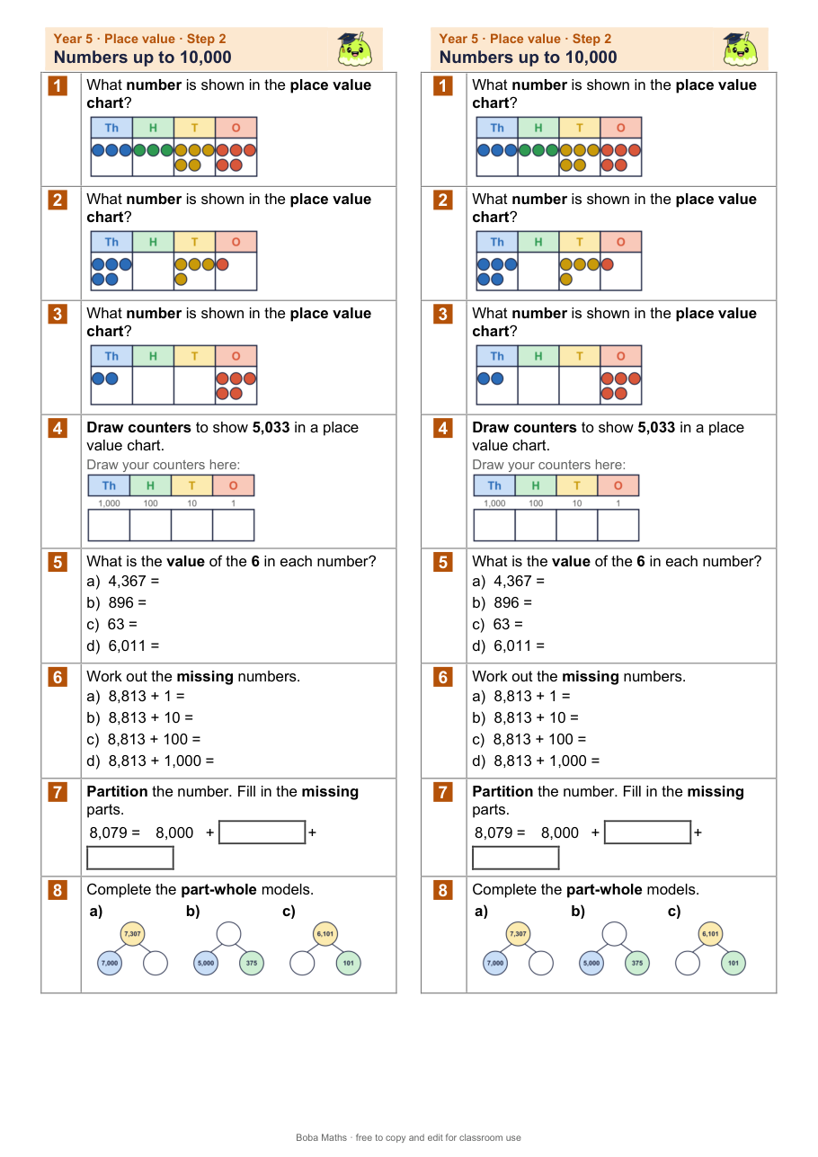 First page of the not scaffolded Numbers up to 10,000 sheet, printed twice side by side