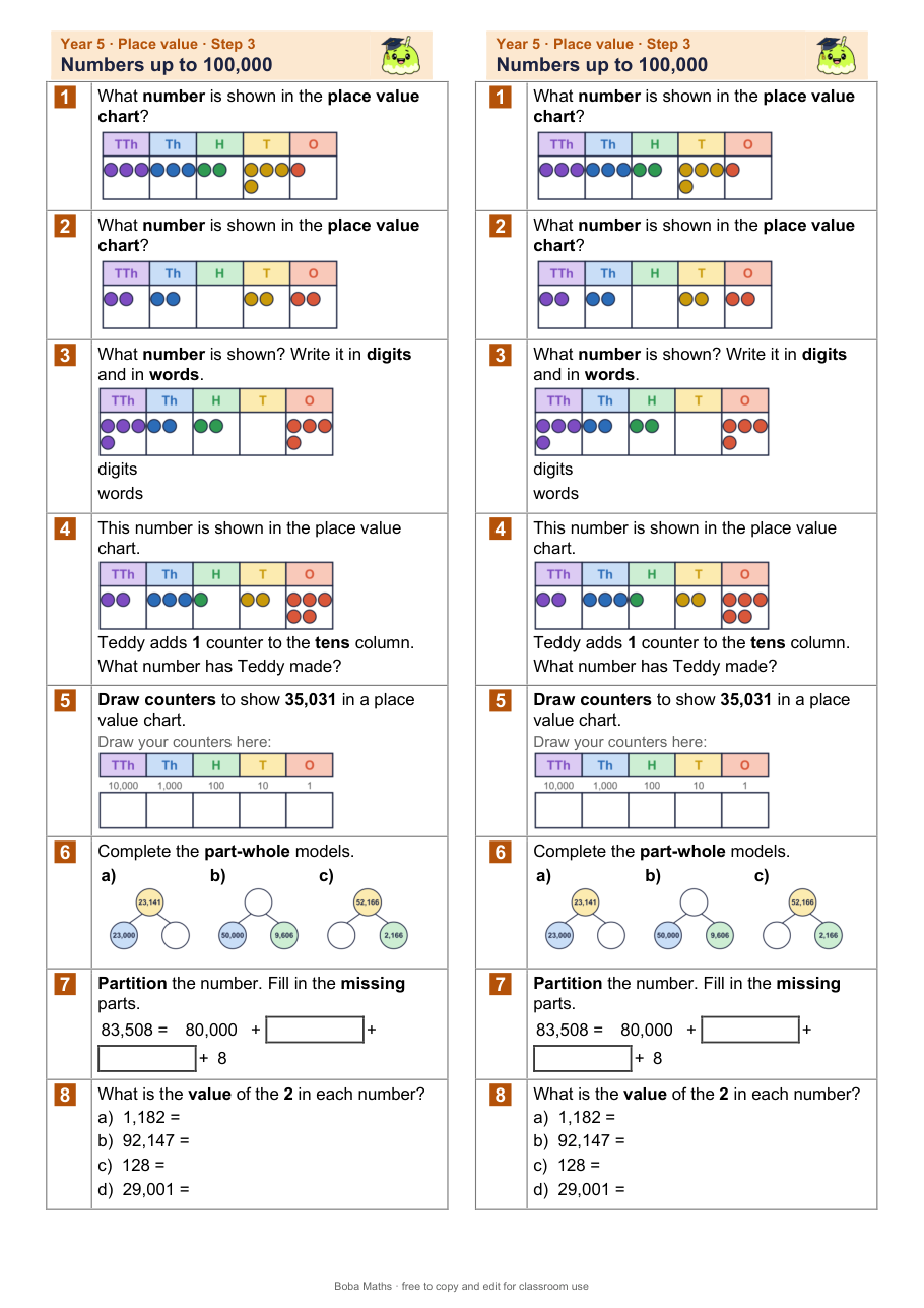First page of the not scaffolded Numbers up to 100,000 sheet, printed twice side by side