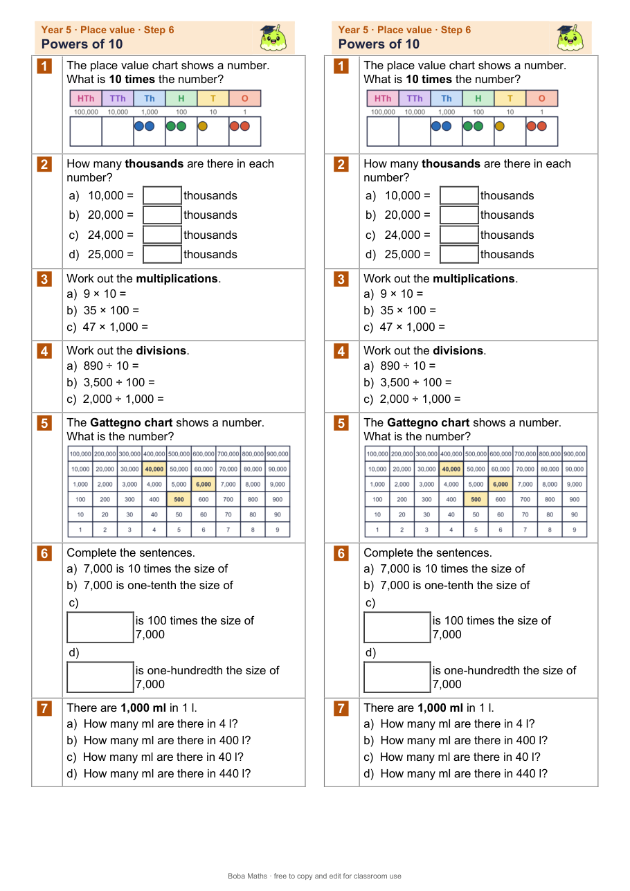 First page of the not scaffolded Powers of 10 sheet, printed twice side by side
