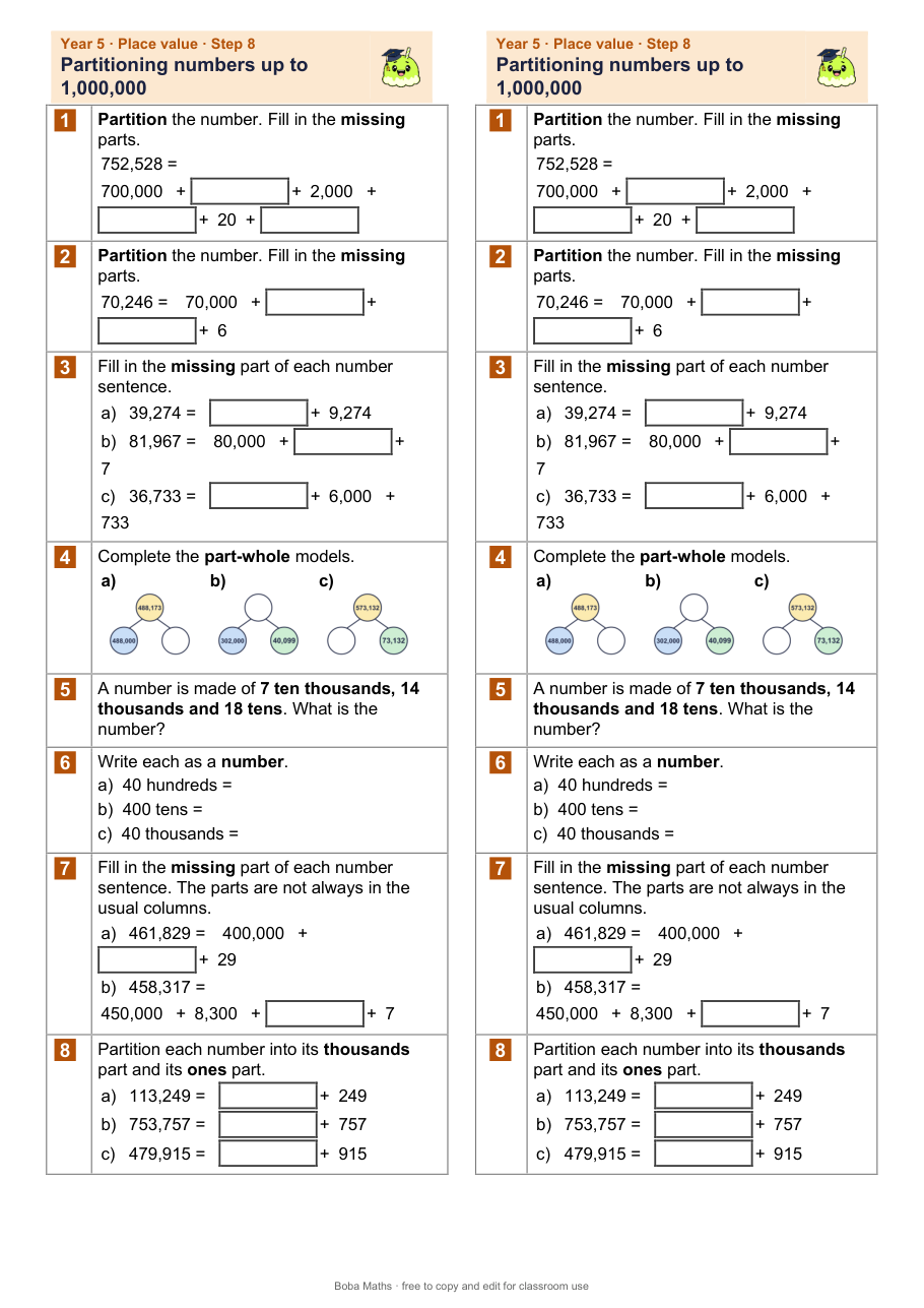 First page of the not scaffolded Partitioning numbers up to 1,000,000 sheet, printed twice side by side