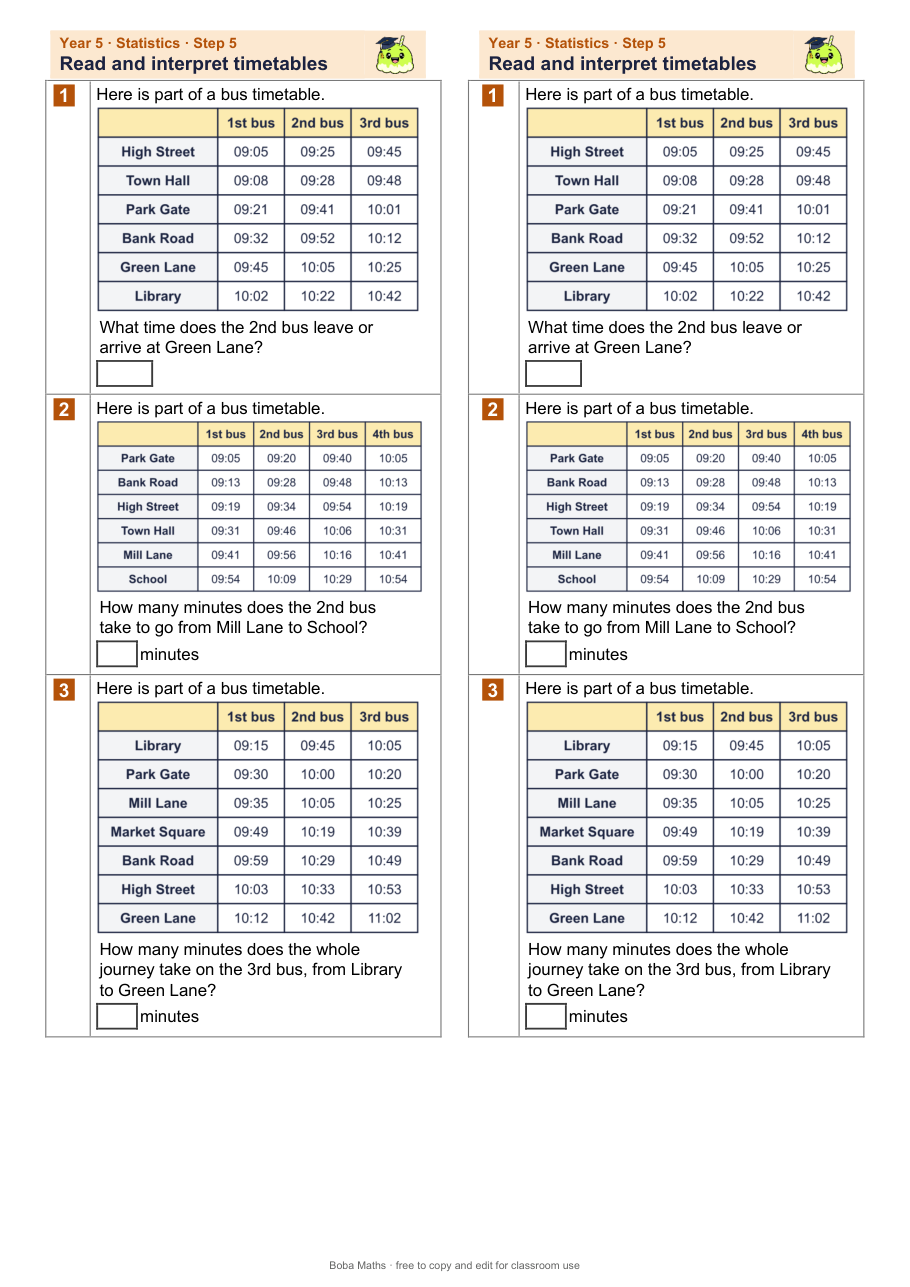 First page of the not scaffolded Read and interpret timetables sheet, printed twice side by side