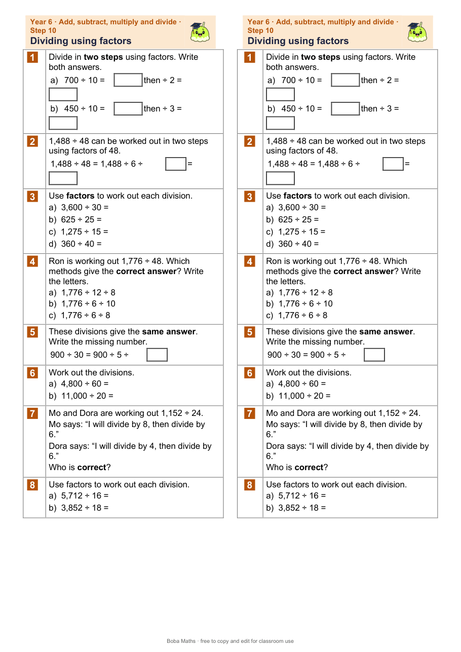 First page of the not scaffolded Dividing using factors sheet, printed twice side by side