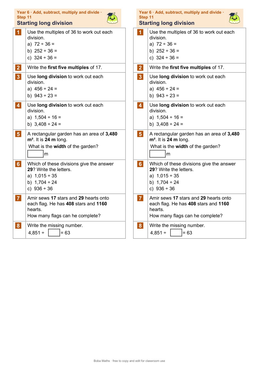 First page of the not scaffolded Starting long division sheet, printed twice side by side