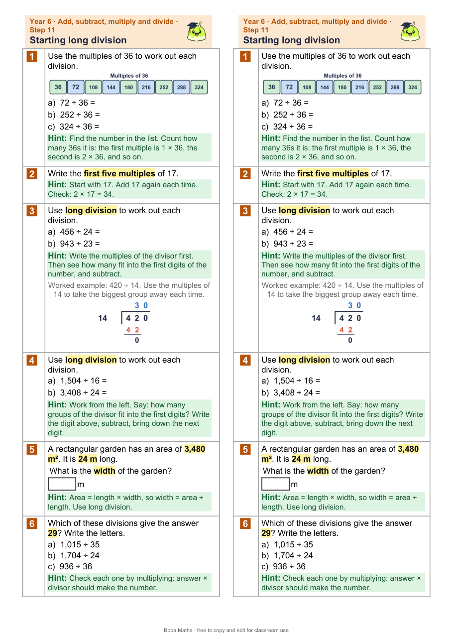 First page of the scaffolded Starting long division sheet, printed twice side by side