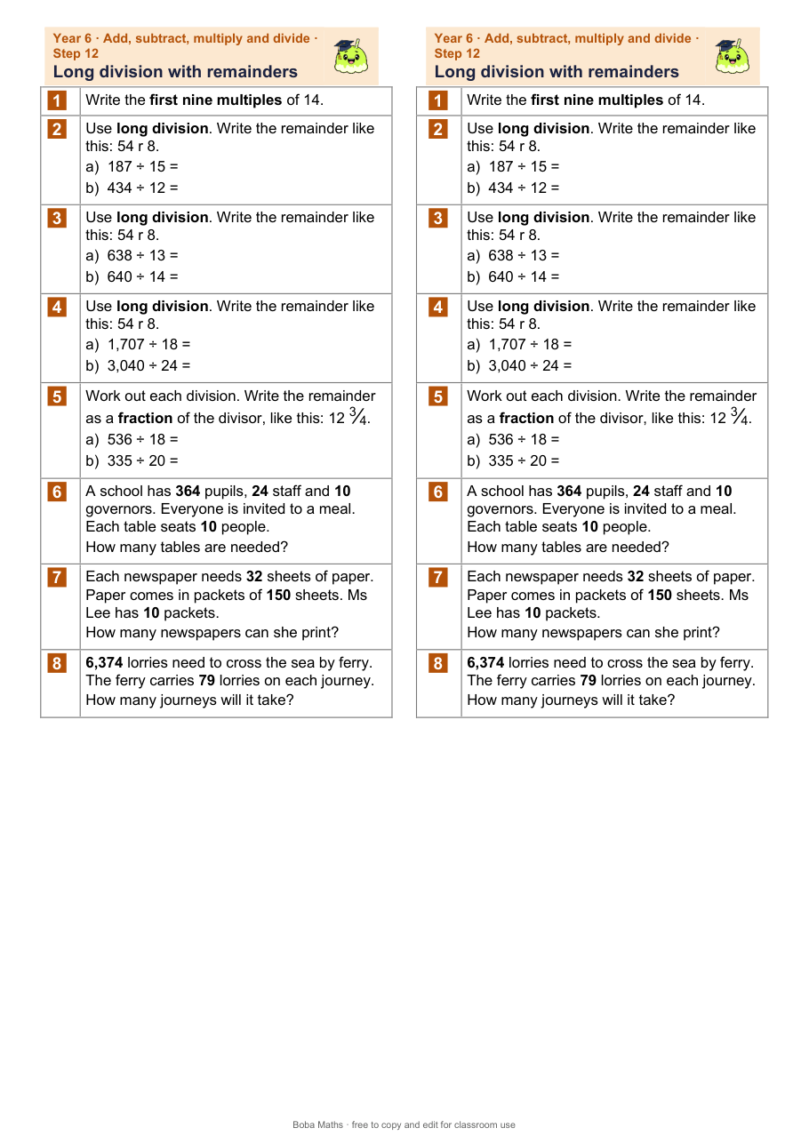 First page of the not scaffolded Long division with remainders sheet, printed twice side by side