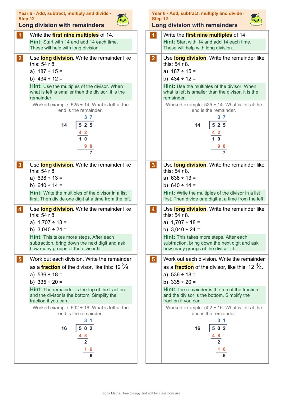 First page of the scaffolded Long division with remainders sheet, printed twice side by side