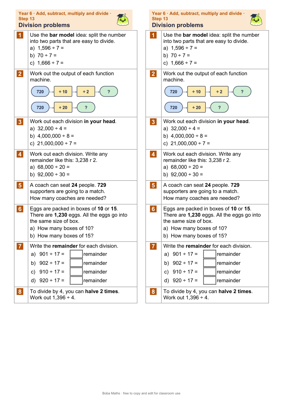 First page of the not scaffolded Division problems sheet, printed twice side by side