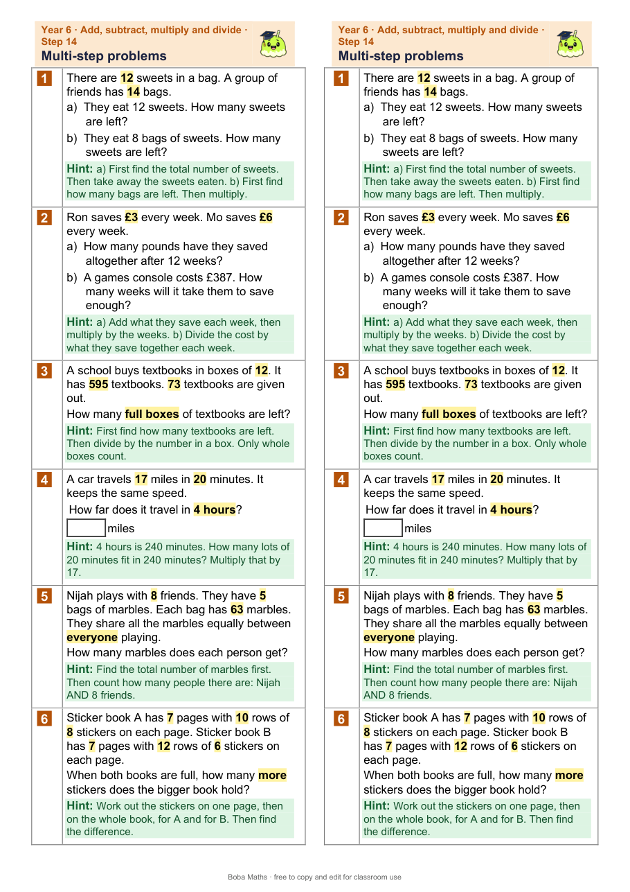 First page of the scaffolded Multi-step problems sheet, printed twice side by side