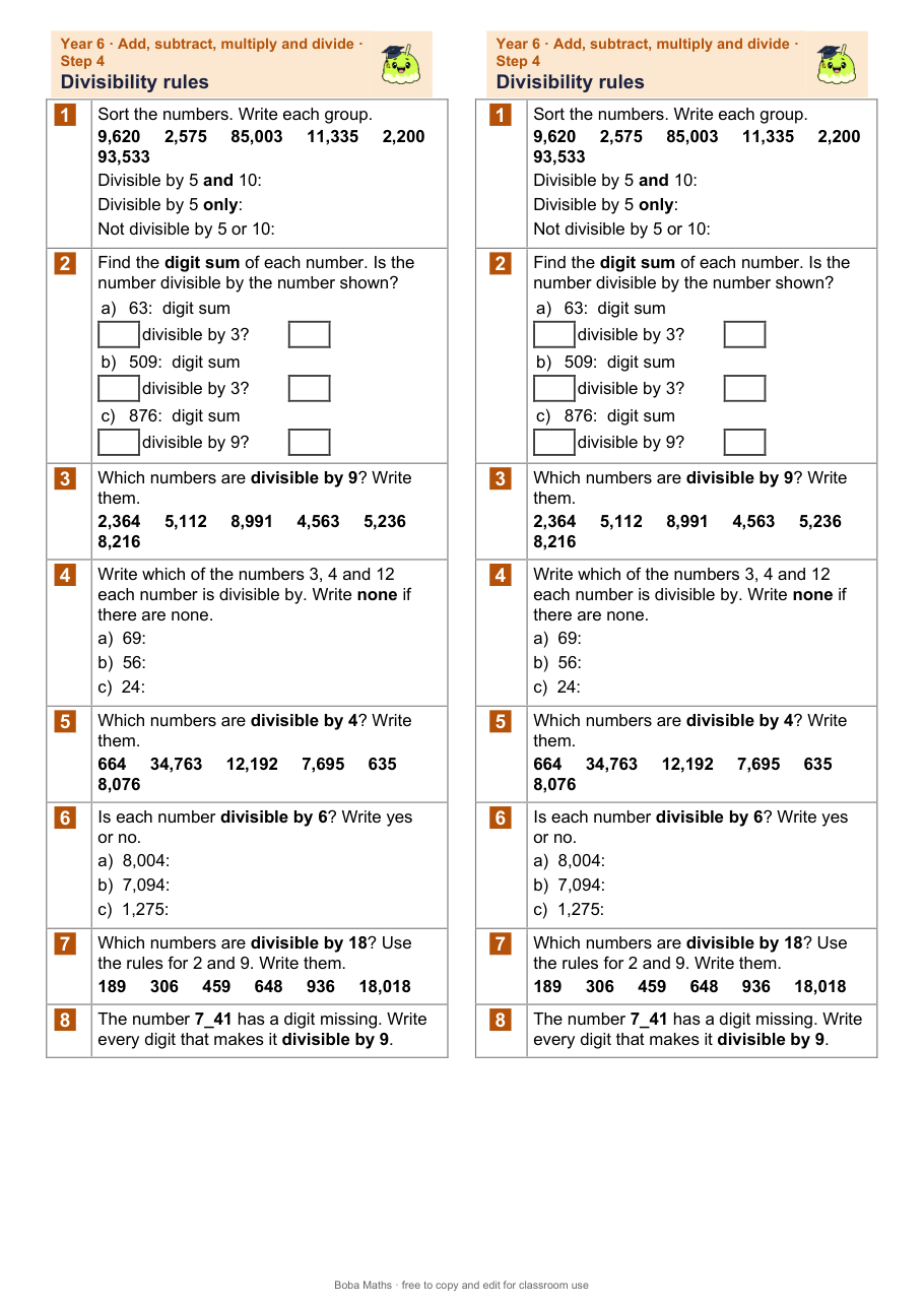 First page of the not scaffolded Divisibility rules sheet, printed twice side by side