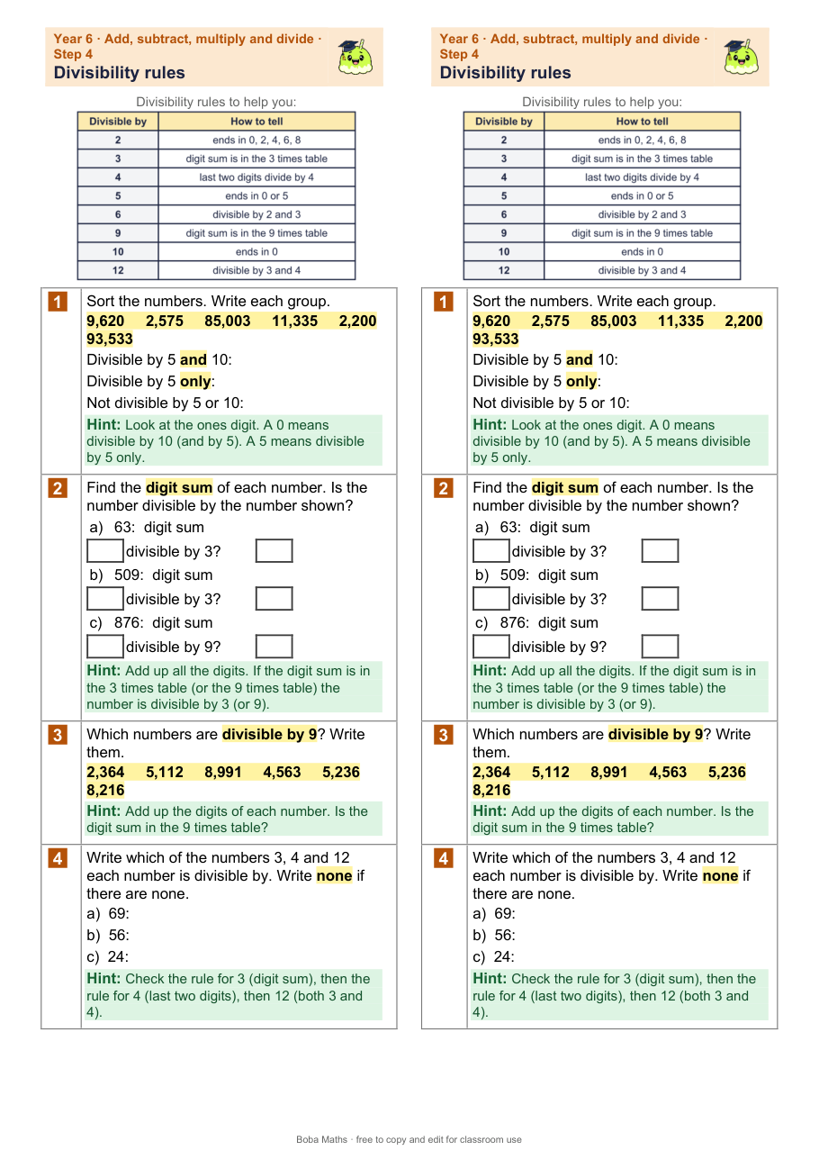 First page of the scaffolded Divisibility rules sheet, printed twice side by side