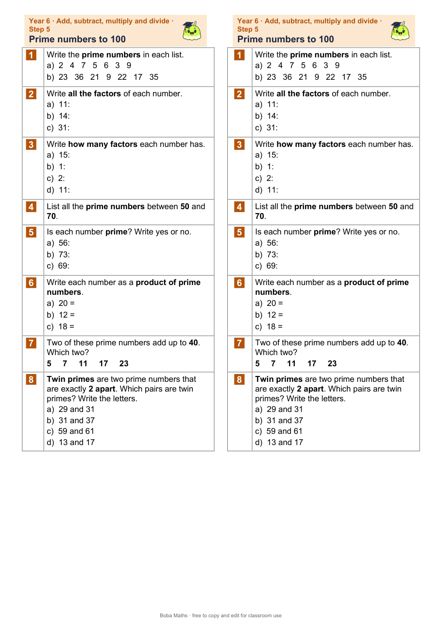 First page of the not scaffolded Prime numbers to 100 sheet, printed twice side by side